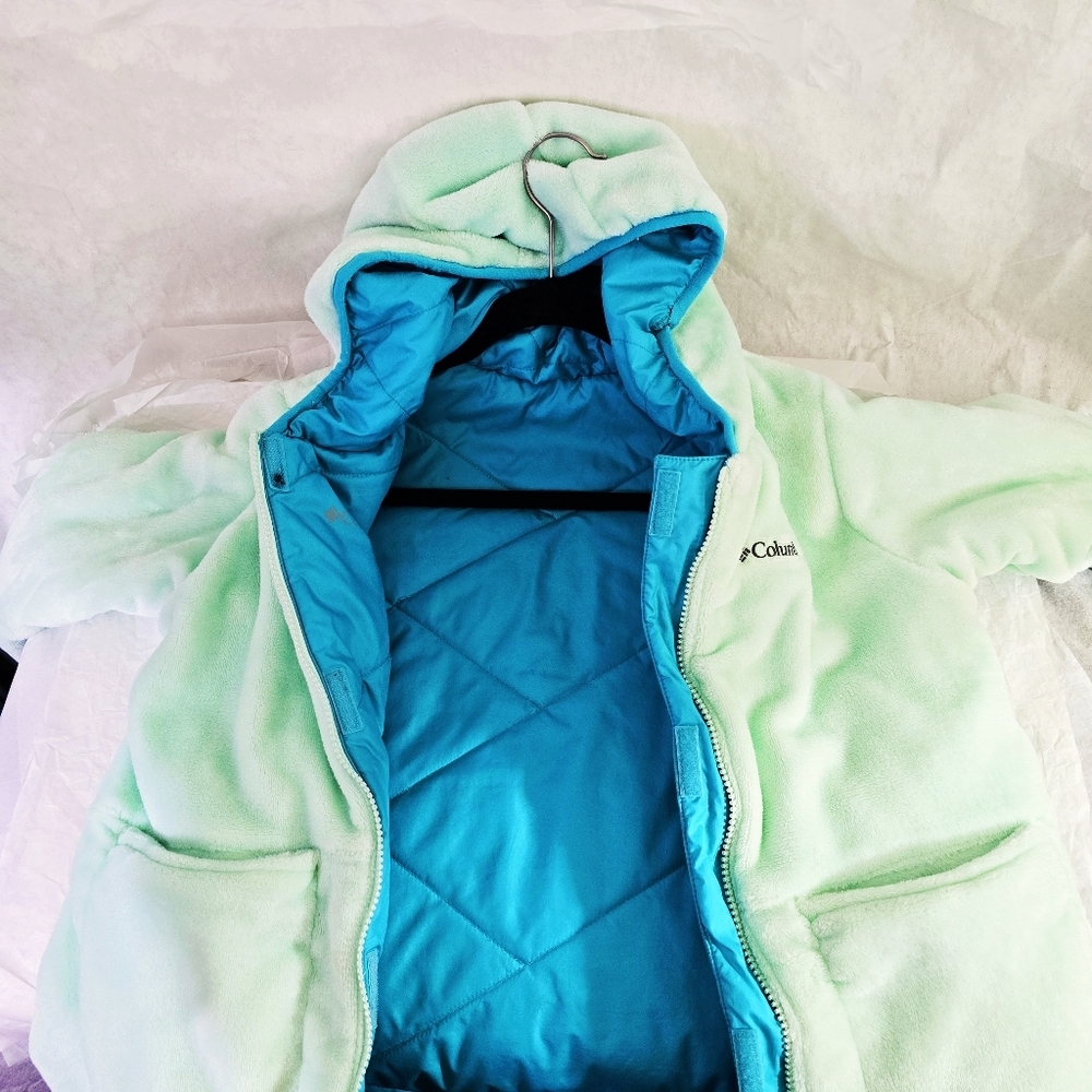 Columbia Youth Sz L Soft Fuzzy Warm REVERSIBLE Jacket Blue and Mint Green Hoodie - Picture 7 of 11